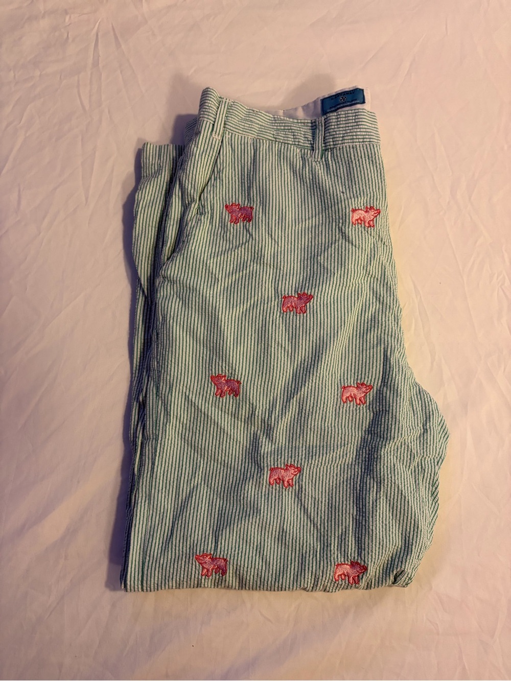 Castaway Green & White Seersucker Chinos with Pink Embroidered Pigs